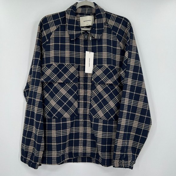 Native North Men's Gofer Shirt Jacket Full Zip Plaid Pockets Navy Blue/Yellow M - Picture 2 of 6
